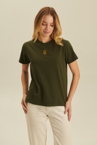 Жіноча футболка кольору хакі з вишитим тризубом , S