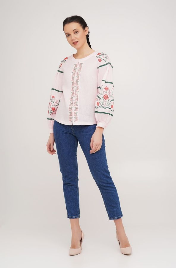 Women's Pink Embroidered Shirt with Red Flowers, 40