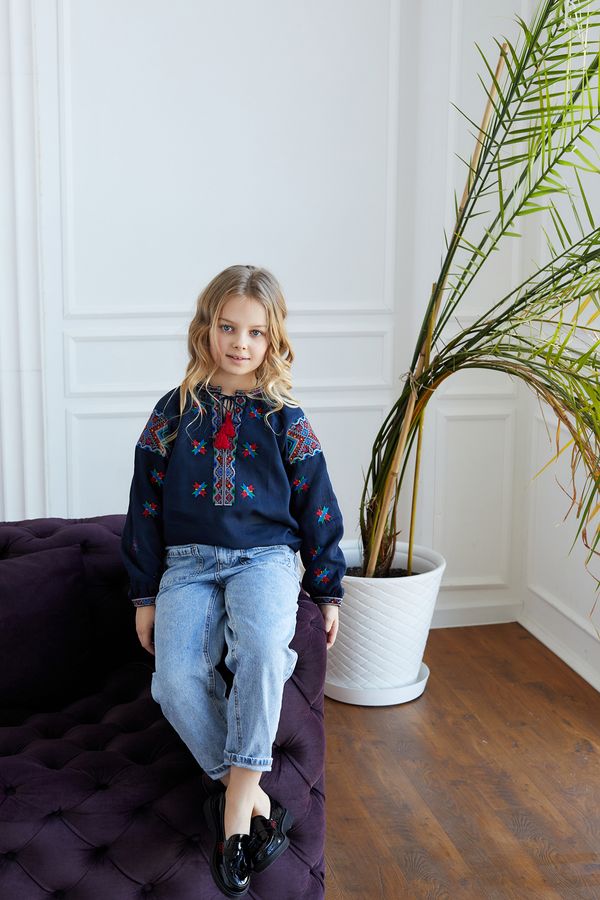 Girl's Dark Blue Embroidered Shirt with the Symbol of Alatyr Star, 128