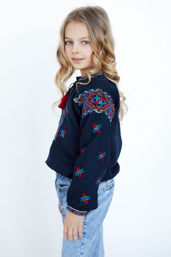 Girl's Dark Blue Embroidered Shirt with the Symbol of Alatyr Star, 152