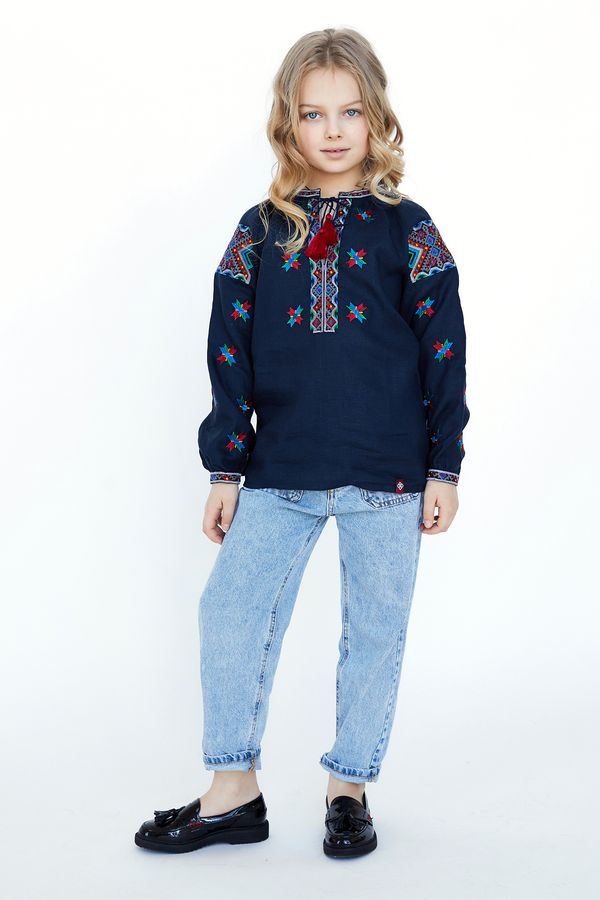 Girl's Dark Blue Embroidered Shirt with the Symbol of Alatyr Star, 128