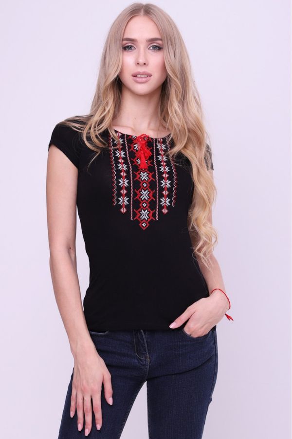 Women's Black Embroidered T-Shirt, M