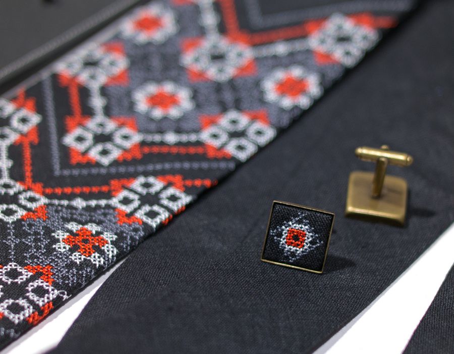 Black Embroidered Cufflinks & Tie Set