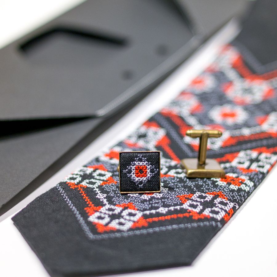 Black Embroidered Cufflinks & Tie Set