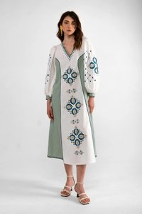 Women's dress white with olive and blue-orange ornament, M/L