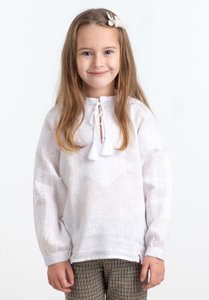 Girls' White Linen Shirt with Embroidery in White Color, 110