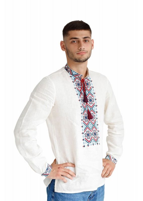 Men's cream-coloured shirt with burgundy and blue embroidery , XL