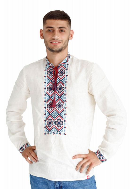 Men's cream-coloured shirt with burgundy and blue embroidery , S