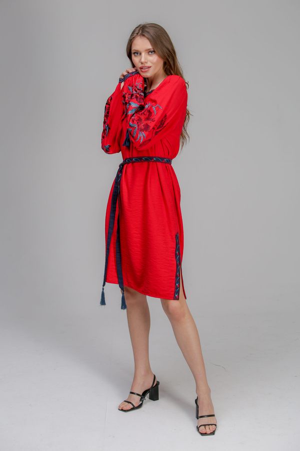 Women's Red Dress with Red and Blue Embroidery, 38