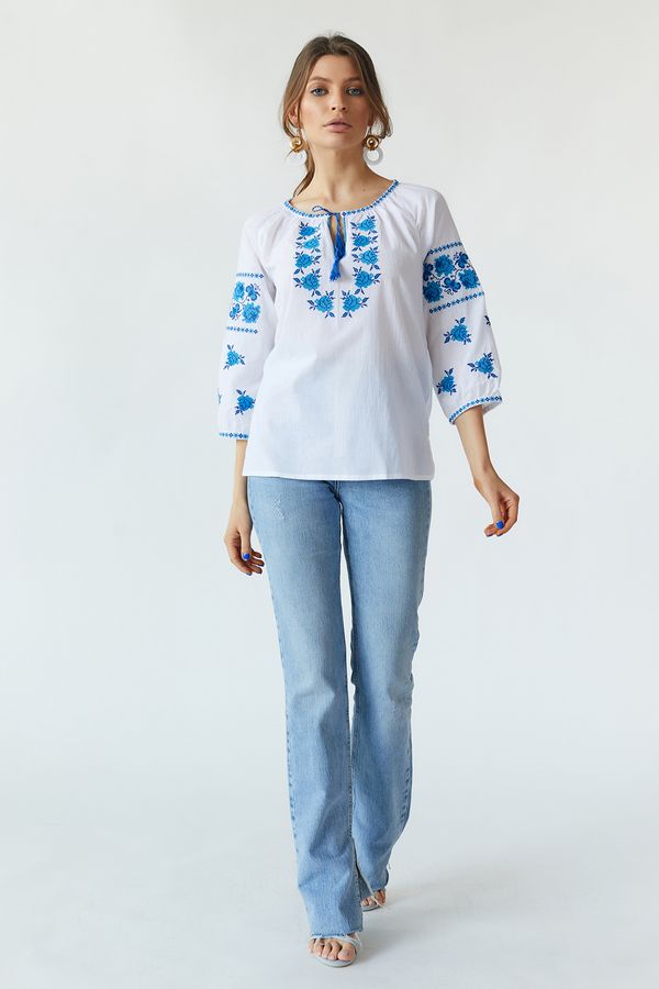 White Embroidered Shirt with Blue Flowers, M