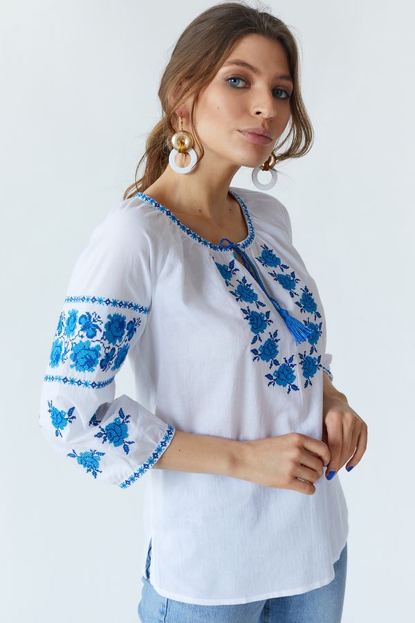 White Embroidered Shirt with Blue Flowers, S