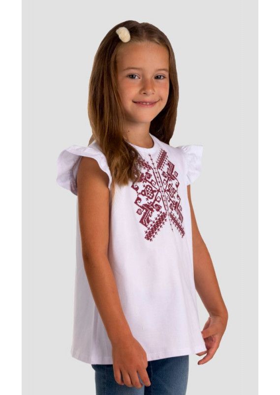 Біла дитяча футболка з бордовою вишивкою, 116