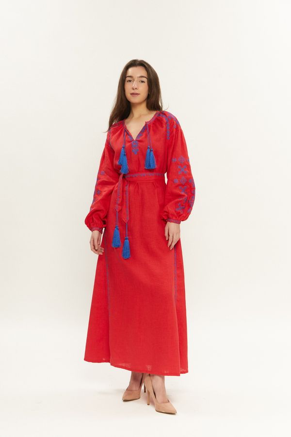 Women's red dress with blue embroidery, 42
