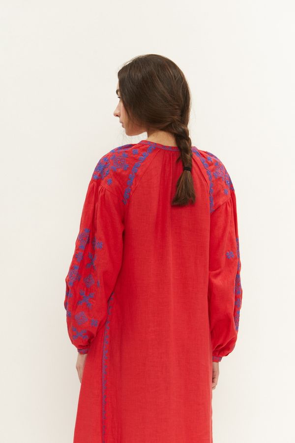 Women's red dress with blue embroidery, 42