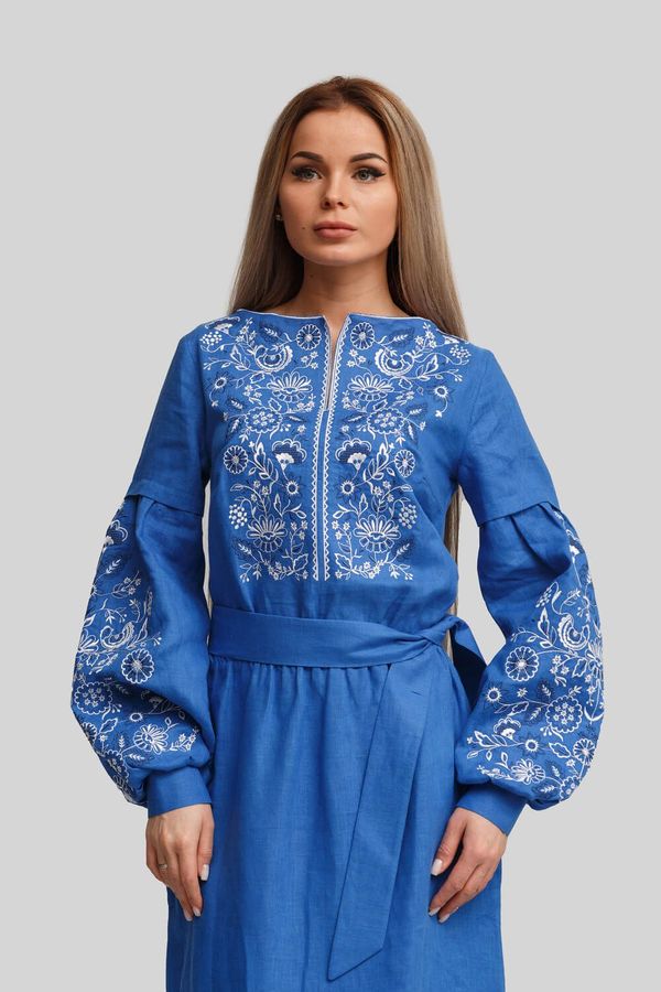 Women's Blue Dress with White Embroidery, 52