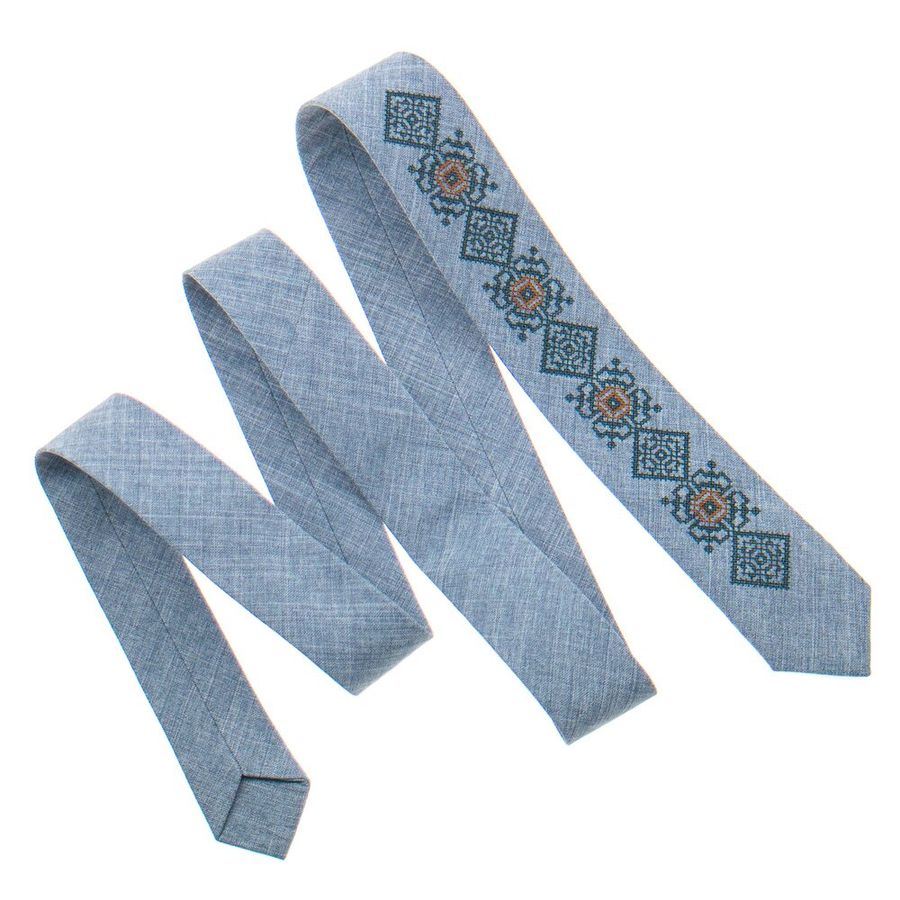 Bright Grey Tie with Coloured Embroidery, Skinny