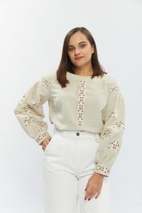 Women's beige embroidered jacket with a colored geometric ornament, S