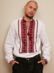 Handmade men's shirt with red and black embroidery, 48