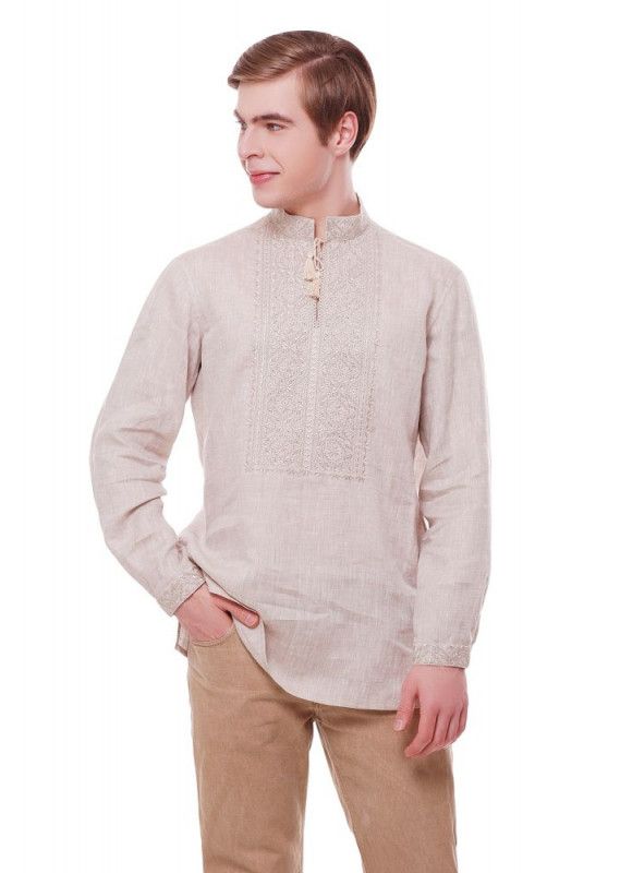 Men's Linen Shirt with Embroidery in Grey Color, S