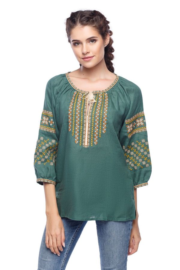 Women's Embroidered Shirt in Green Linen, 44