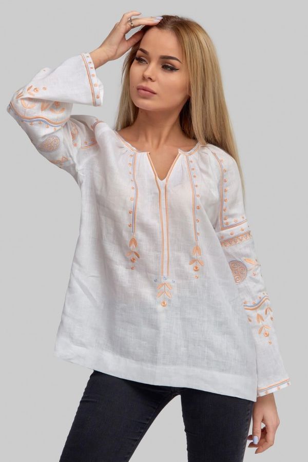White Linen Shirt with Embroidery of Soft Colors, S