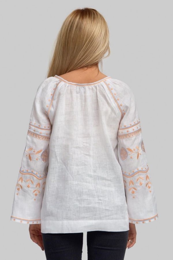 White Linen Shirt with Embroidery of Soft Colors, XS