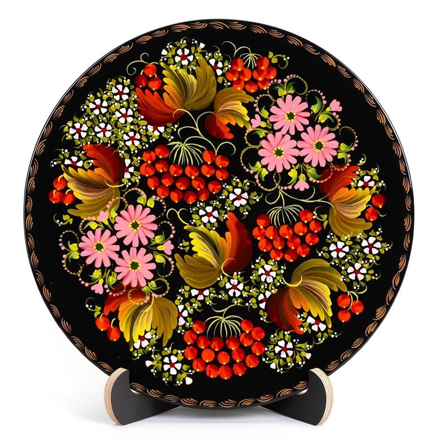 Floral Hand Painted Wooden Plate in Petrykivka painting