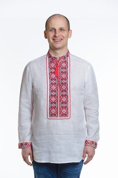 White Linen Embroidered Shirt with Geometric Ornament, 3XL