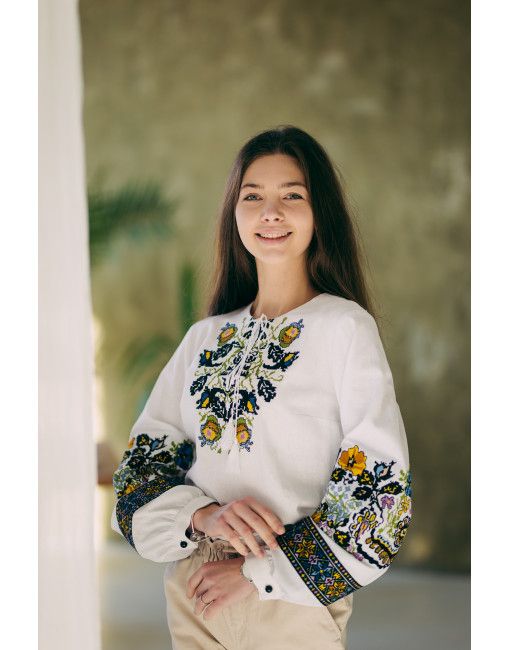 Women's embroidered shirt of white color with multicolored floral pattern, 5XL