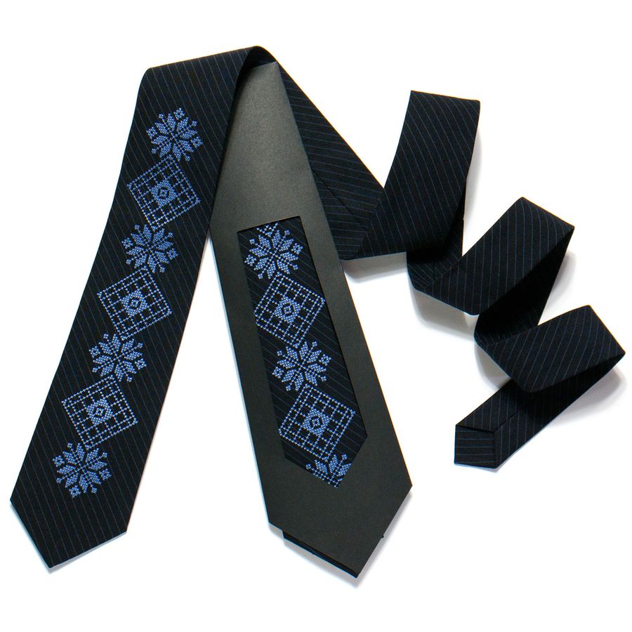 Navy Blue Striped Embroidered Tie