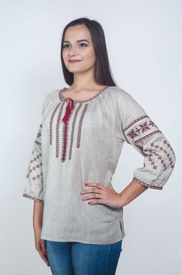 Charming Gray Linen Embroidered Shirt, S