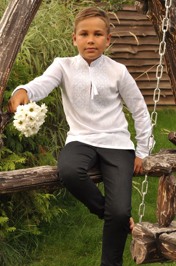 Embroidered shirt for boy, white linen, light grey embroidery, 110