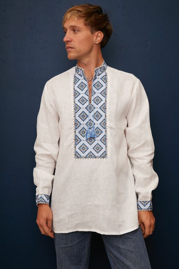 Men's White Shirt with Blue Embroidery, 50