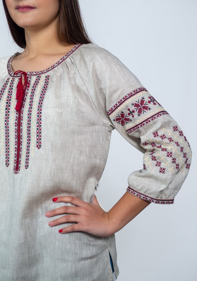 Charming Gray Linen Embroidered Shirt, M
