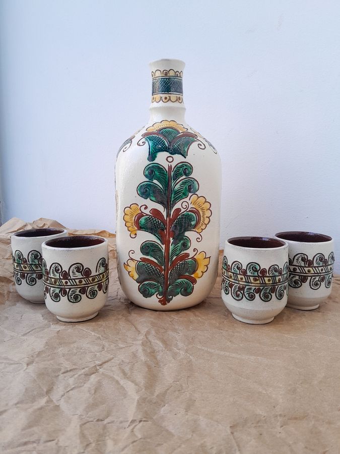 Alcohol set with pitcher and glasses, handmade in the technique of Kosiv ceramics