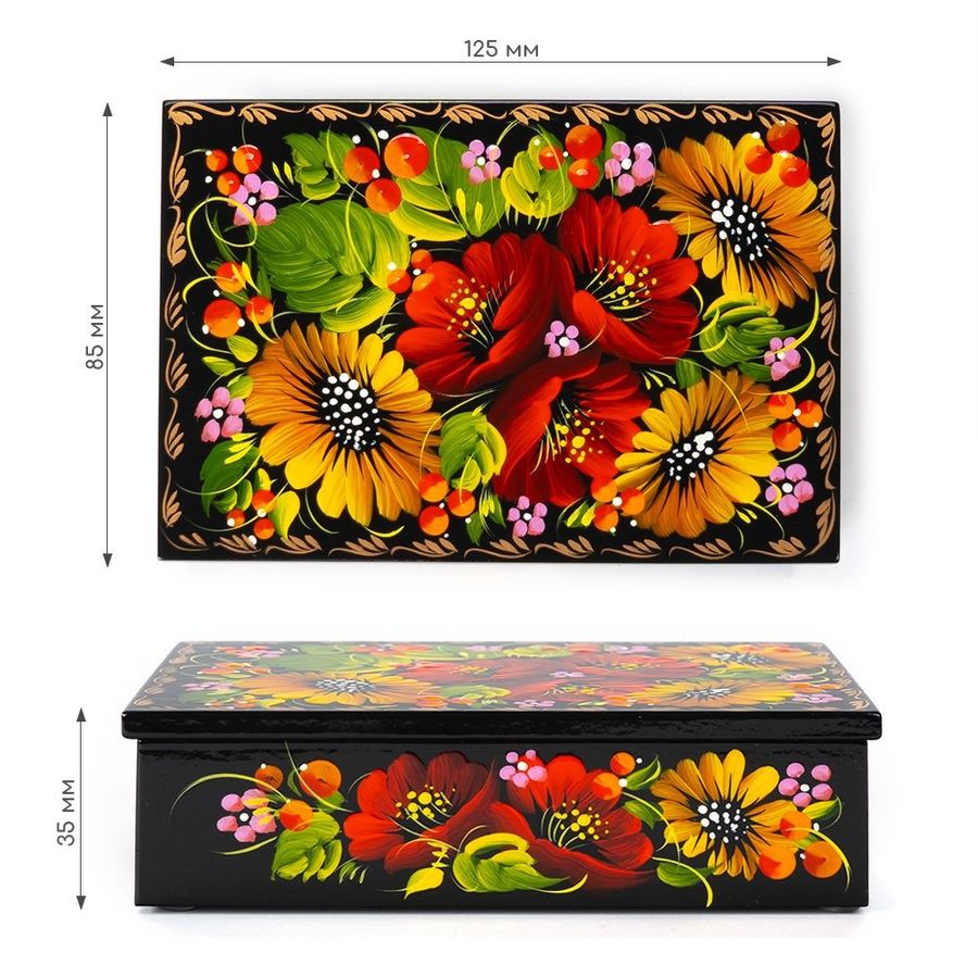 Square Wooden Decorative Chest with Petrykivka Painting