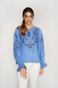 Women's Blue Linen Embroidered Shirt, XS