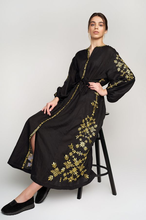 Women's Black Dress with Golden Embroidery, L