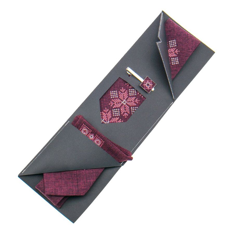 Вишита краватка з зажимом та хустинкою, бордо