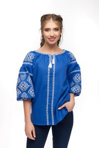 Indigo Linen Embroidered Shirt with Geometric Ornament, M