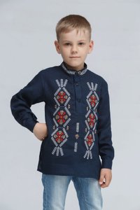 Embroidered Dark-Blue Shirt for Boys with Colourful Ornament, 128