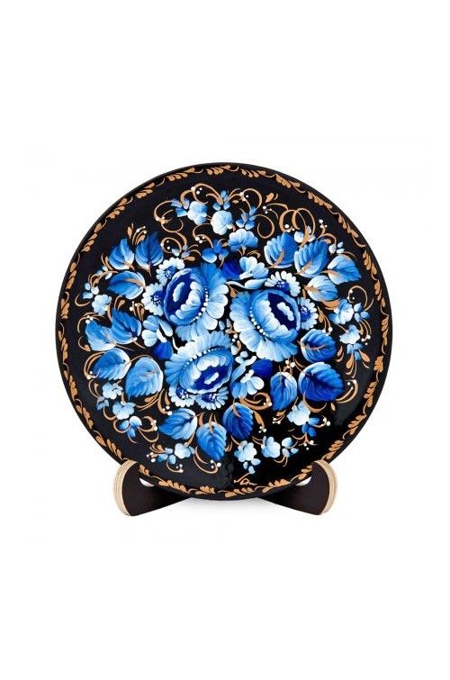 Petrykivka Painting Wooden Plate with Splendid Blue Flowers