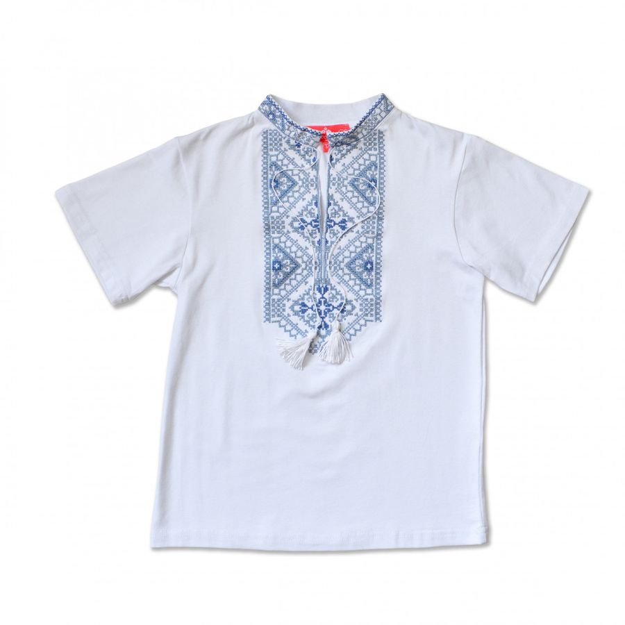 White T-shirt for boys with blue embroidery, 122