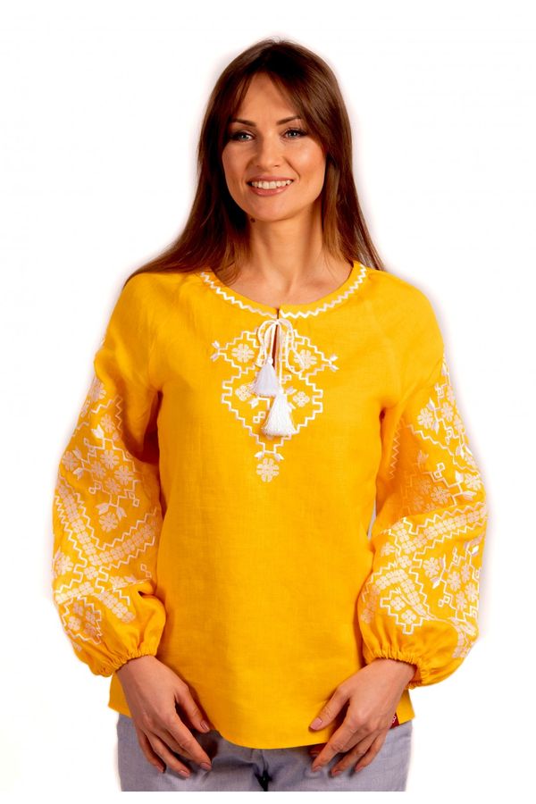 Yellow Linen Embroidered Shirt with Geometric Ornament, M