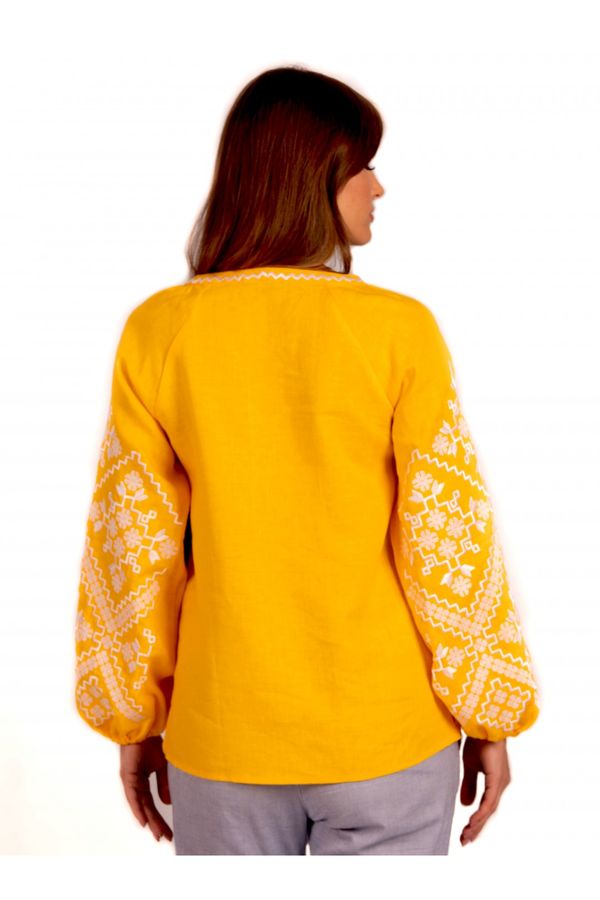 Yellow Linen Embroidered Shirt with Geometric Ornament