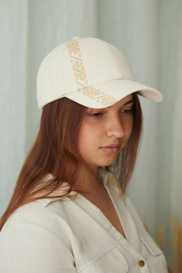 Beige Ethno cap with embroidery "Mill", 57-58