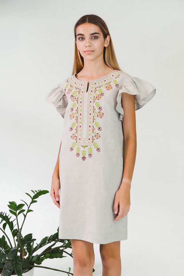 Grey Linen Short Embroidered Dress, XS