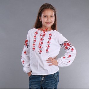 Embroidered shirt for a girl with red embroidery in the form of a rose, 122