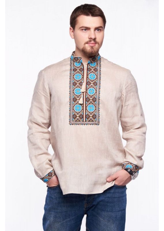 Men's Grey Shirt with Blue and Brown Embroidery, S