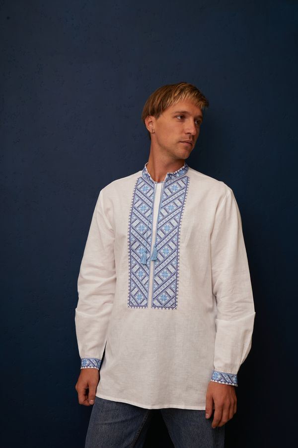 Men's White Shirt with Blue Embroidery, 50